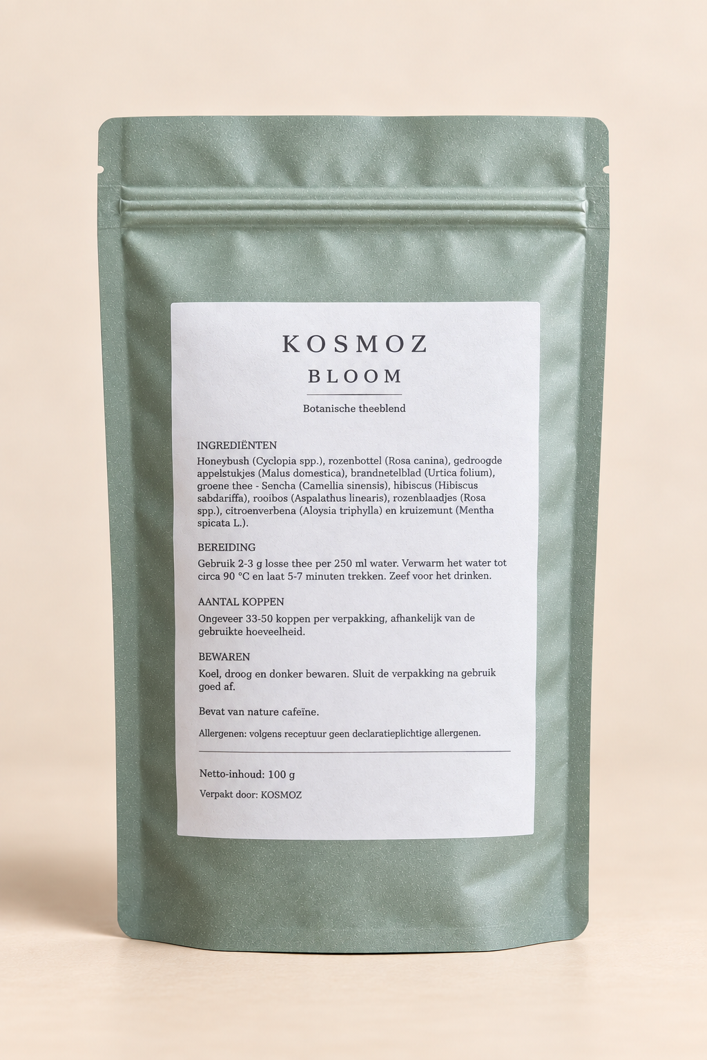 BLOOM botanische thee blend achterkant verpakking met ingrediënten