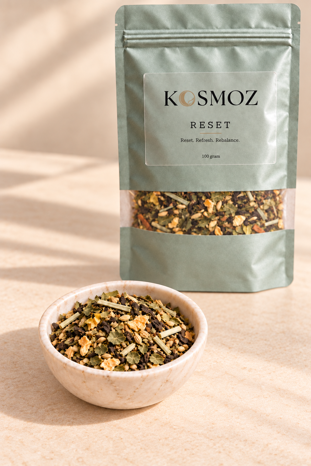 RESET botanische thee blend voorkant verpakking